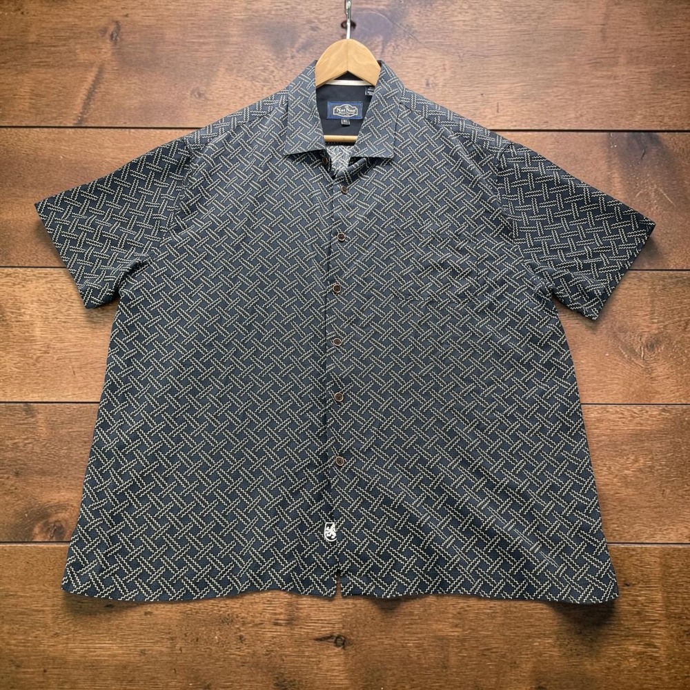 Nat Nast Luxury Originals Silk Camp Shirt Mens XL Navy Blue Geometric Bowling